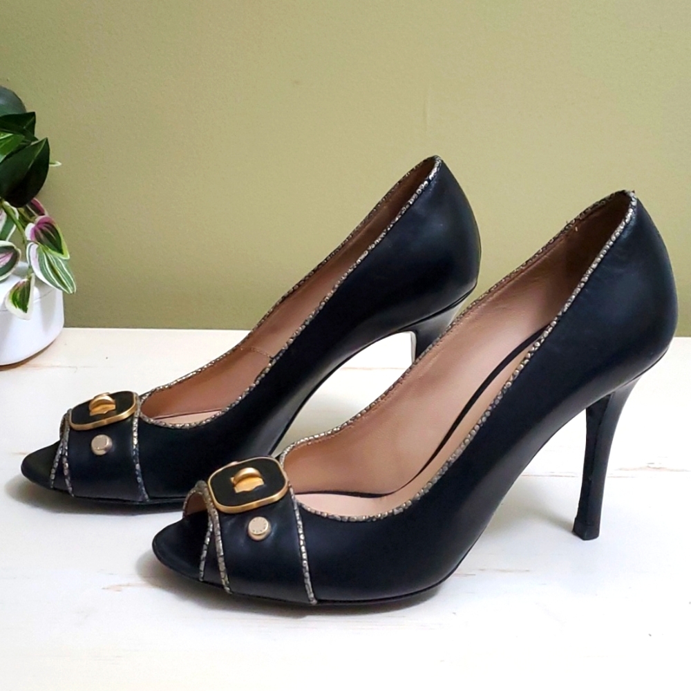 Longchamp | Black Leather Pumps with Brass Accents Sz 38